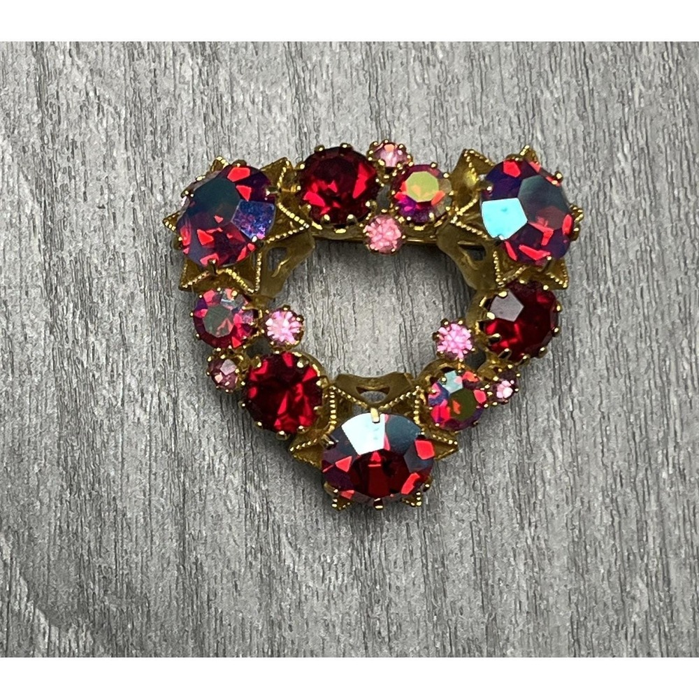Vintage Austria Ruby Red Pink Rhinestone Heart Brooch Pin Gold Tone AB Sparkle